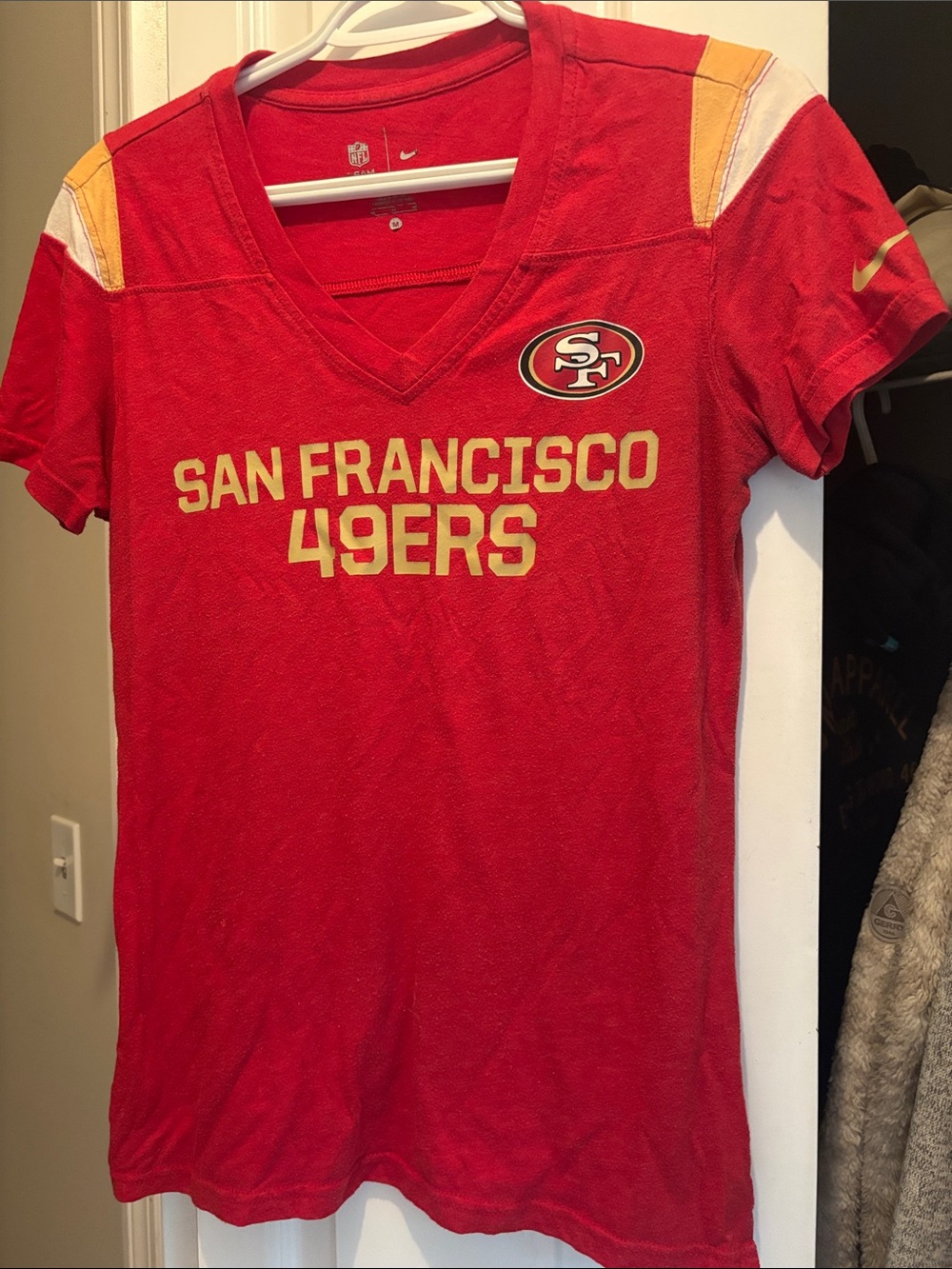 Nike Women's San Francisco 49ers Red V-Neck Tee with Gold Accents